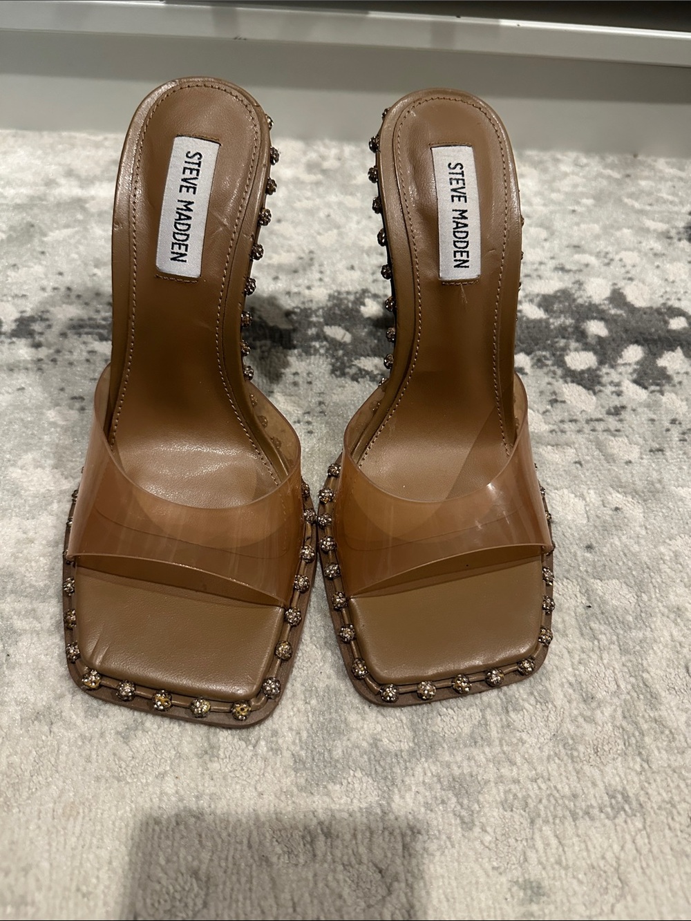 Steve Madden Tan Leather Mule Heels with Clear Strap and Stud Detailing